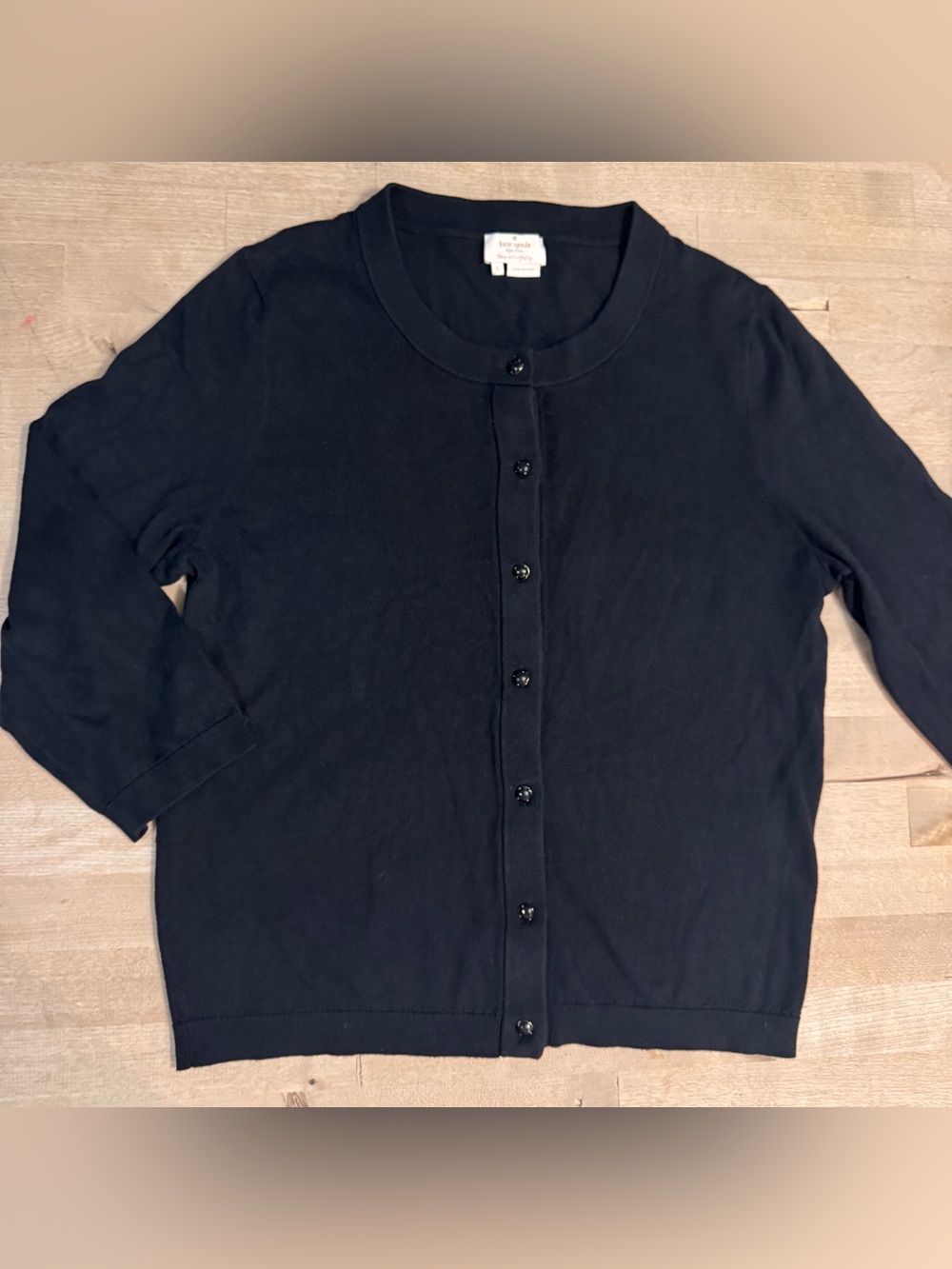 kate spade Black silk/cashmere/cotton 3/4 Button-Front Crewneck Cardigan